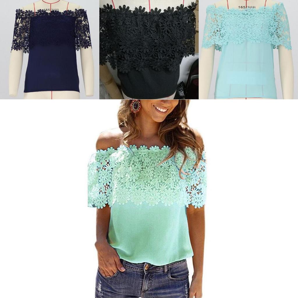 Elegant Women's Off-shoulder Short Sleeve Lace Hollow Casual T-shirt Blouse For Summer Outings