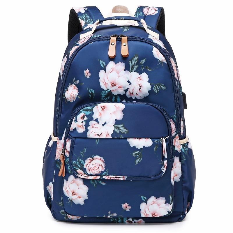 

Новый школьный рюкзак для ноутбука для женщин и девушек, рюкзак с цветочным принтом для колледжа, с USB-портом, водонепроницаемый, большой вместимости, дорожные сумки синий