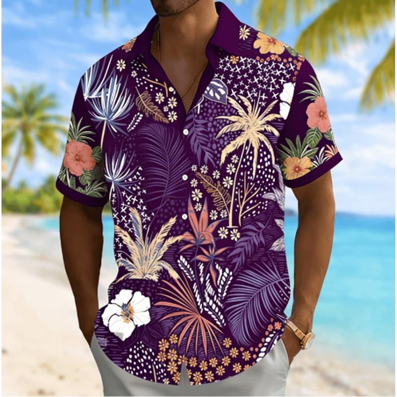 Men's Tropical Floral Print Short Sleeve Shirt, Spring Summer Beach Vacation Casual Top