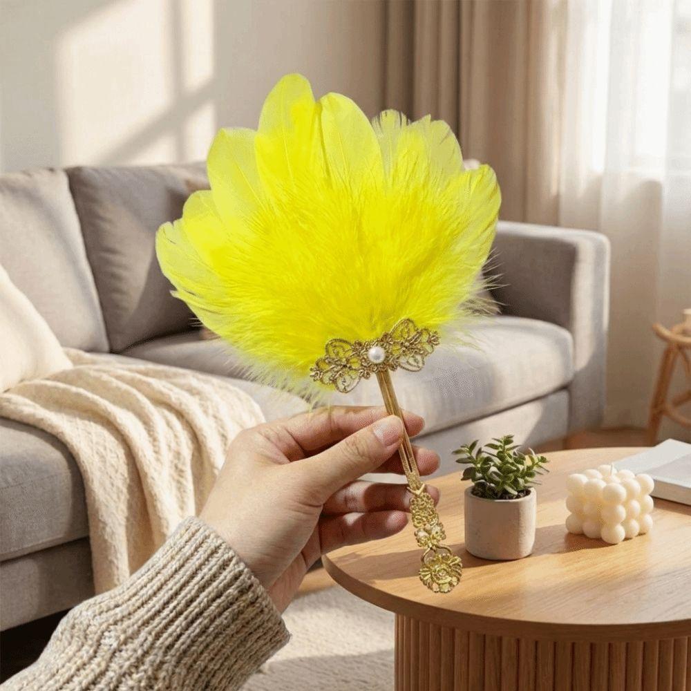 Goldener Griff Feder Handfächer Bunter Chinesischer Stil Fächer Tanzfächer Geschenk für Damen/Mädchen