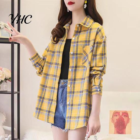 Ladies Blouse Turn Down Collar Long Sleeve Single-breasted Patch Pocket Loose Shirt Top Classic Plaid Print Casual Female Clothing
