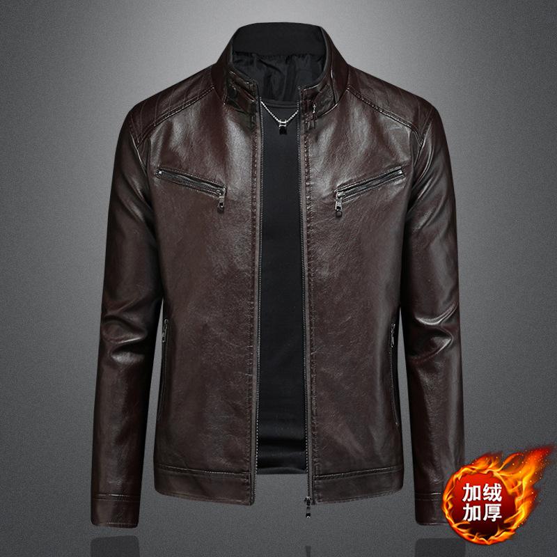 New Style Mens Stand Collar Leather Jacket For And Plus Size Trendy Casual Motorcycle Slim-fit Leather Jacket Set 5609