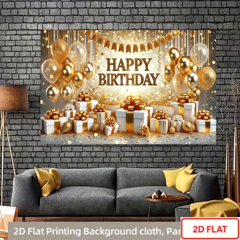 2D Flat Printing Gold Glitter Happy Birthday Party Photo Booth Background Cloth