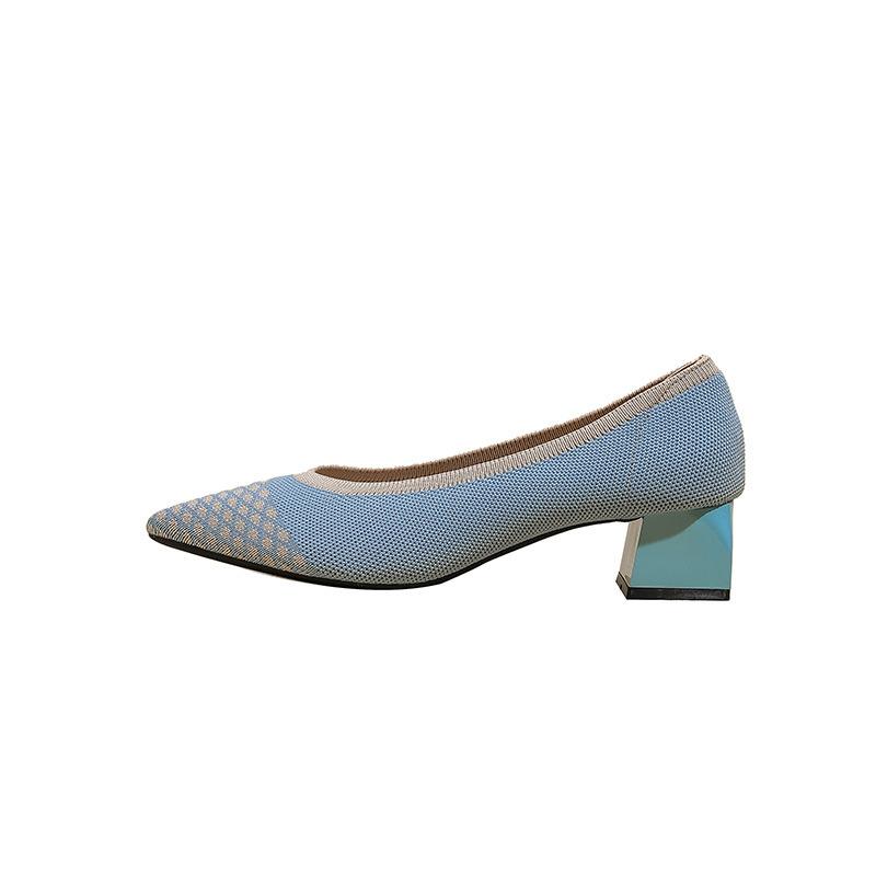 New Pointed Head Light Mouth Woven Shoes Medium Heel Flying Woven Breathable Thick Heel Color Matching High Heels