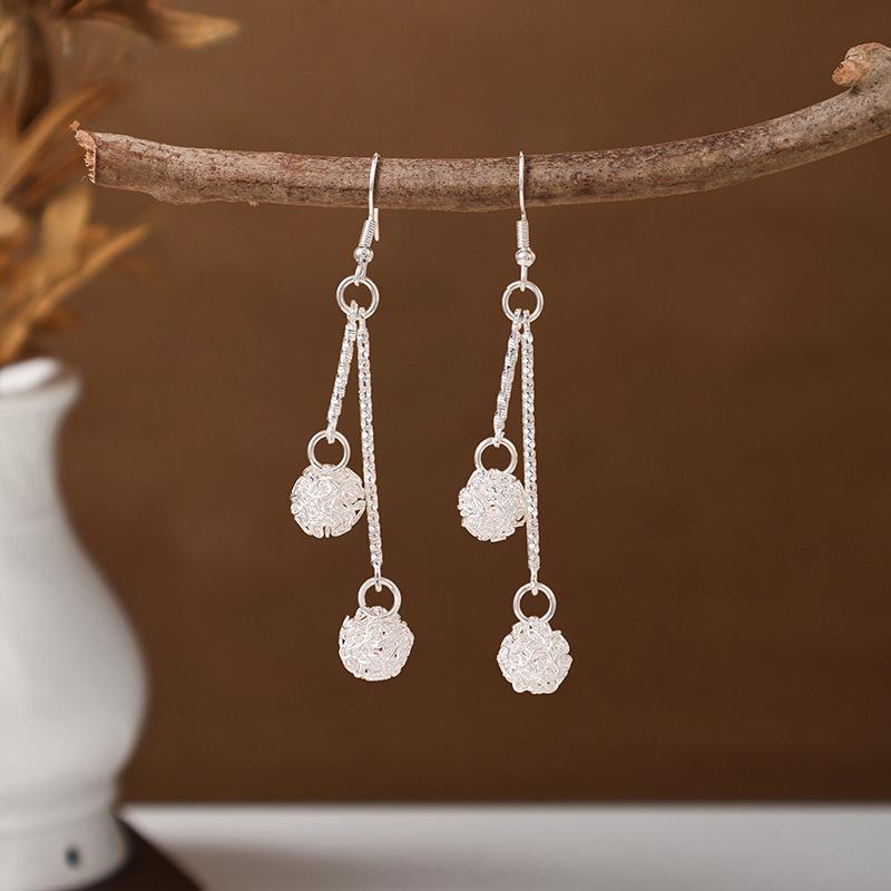 Ethnic Miao Silver Tassel Earrings - Retro Long Dangle Scenic Studs for Women