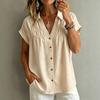 V Neck Loose Solid Button Pleated Short Sleeve Women Casual Blouse