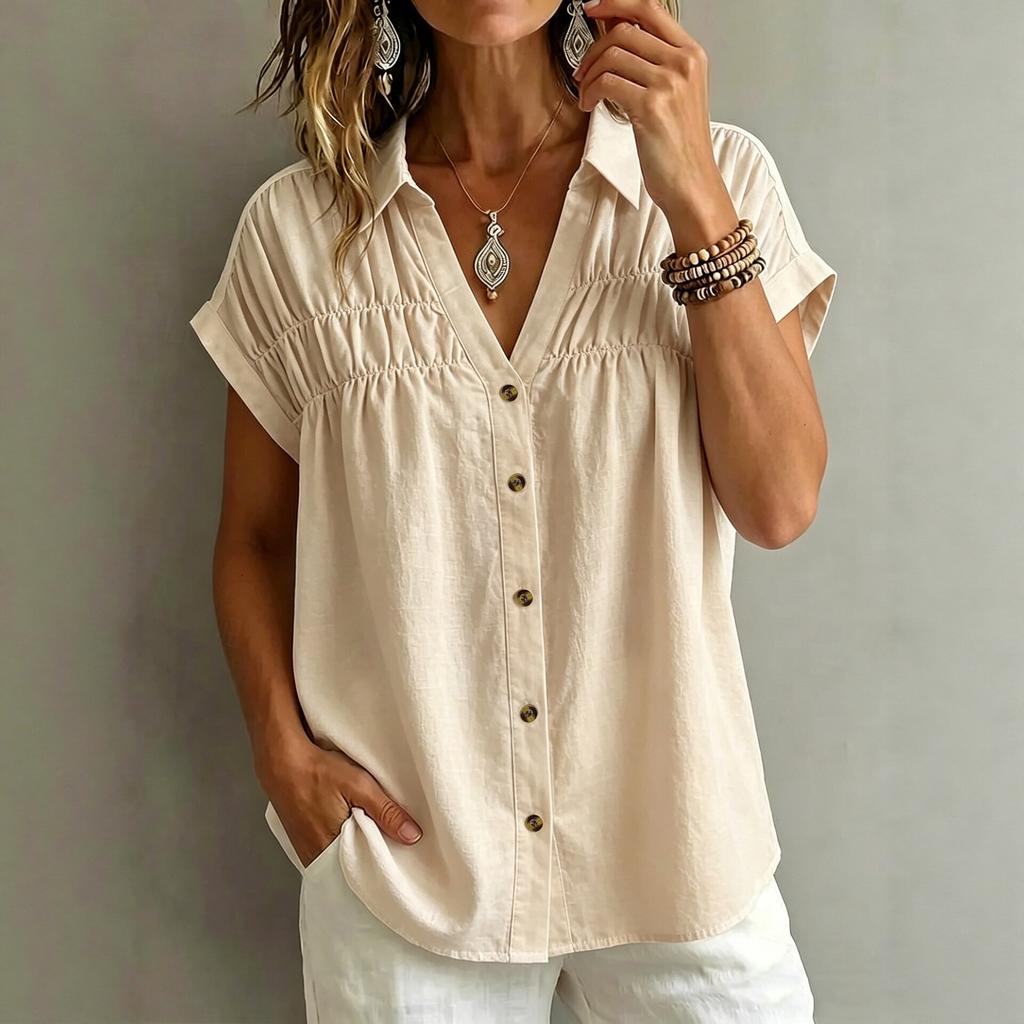 V Neck Loose Solid Button Pleated Short Sleeve Women Casual Blouse
