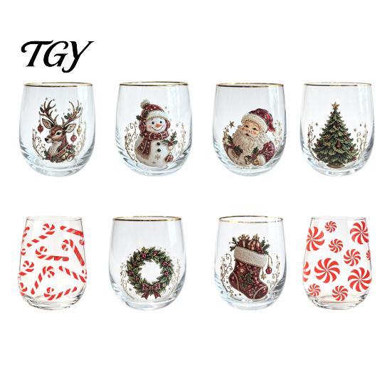 Lead Free Soda Lime Glass Christmas Cocktails Glass, Santa Snowman Reindeer Tree Design Tumbler, 300ml Lead-free Festive Seasonal Tumblers Holiday