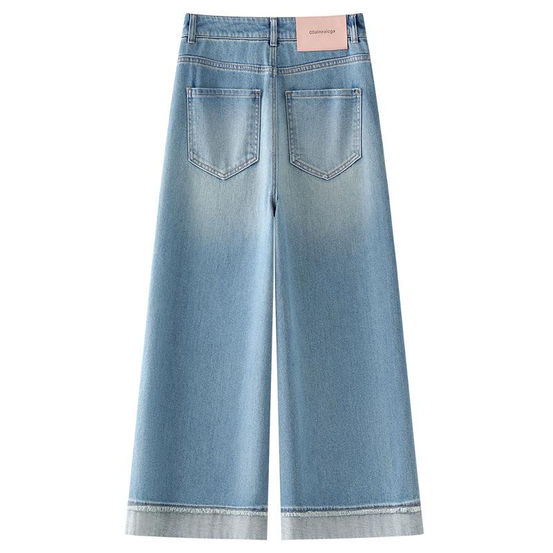 2025 Spring Women's Petite High-End Light-Wash Wide-Leg Jeans - Slimming, Loose, Straight, Nine-Point Style