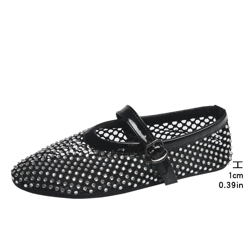 Women Flats New Fashion Ballet Mary Janes Crystal Shoes Summer Woman Luxury Rhinestone Soft and Breathable Mesh Sandals