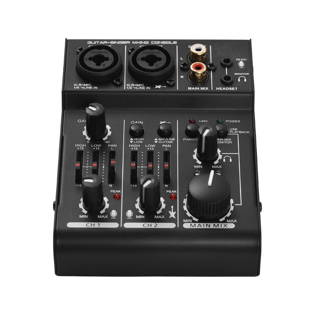 Mini 2 Channel Sound Card Mixing Console Digital Sound Mixer Built In 48V Phantom Power 5V USB Powered for Home Studio
