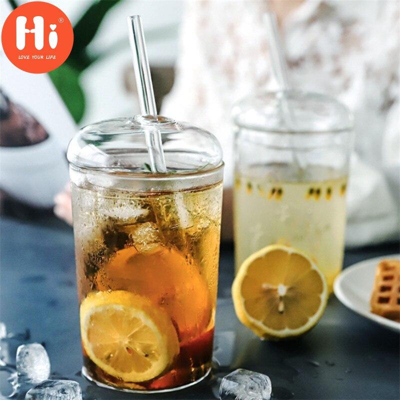 Hi 1/3 ks severský průhledný skleněný hrnek na kávu, žáruvzdorný čaj, mléko a vodu s víčkem a brčkem 500ml