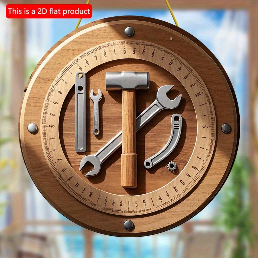 2D Flat 20cm 1pc Dad Father's Day Hammer Wrench Ruler Elements Round Wooden Wall Hanging Decor Present, A Surprising and Retro Wooden Pendant Gift