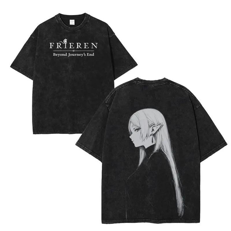 Gothic Yk Frieren Beyond Journeys End Tshirt Anime Washed Oversized T Shirt Men Women Clothing High Quality Cotton Tee Tops