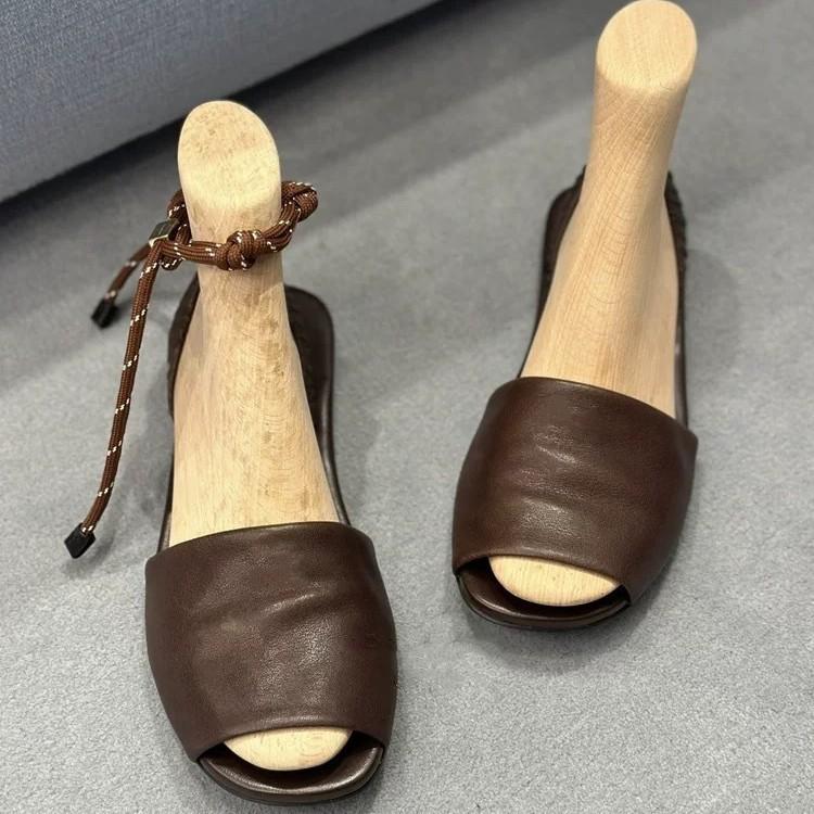 

Cowhide version~ Korean one-word sandals with fish mouth for women s 2025 summer new cool slippers and flat-soled Muller shoes 35