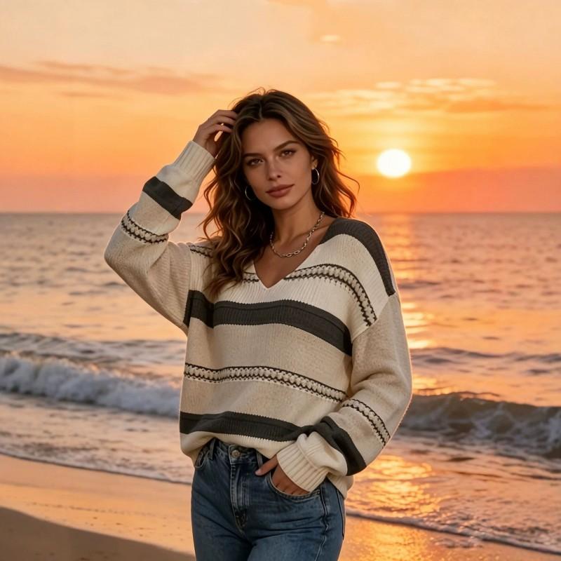 Womens V-Neck Knit Sweater Soft Loose Fit Long Sleeve Top Daily Commute