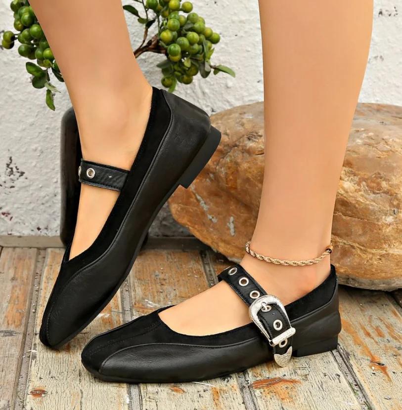 Fashion Buckle Strap Retro Women Mary Janes Shoes Luxury Female Footwear Shallow Ladies Ballet Flats Shoes Women's Topsiders