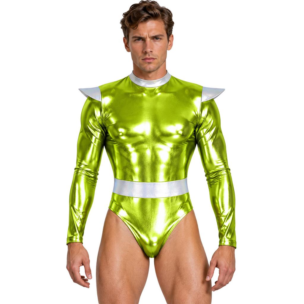 Men Halloween Alien Costume Metallic Bodysuit Color Block Mock Neck Long Sleeve Back Zip Leotard for Cosplay Stage Show