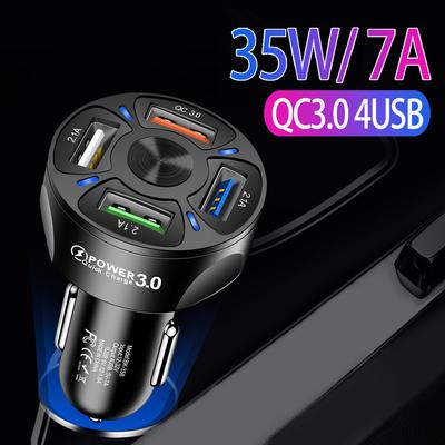 Cargador de coche de 35W 7A QC3.0 4USB, cargador de coche de carga rápida, cargador de coche de uno a cuatro