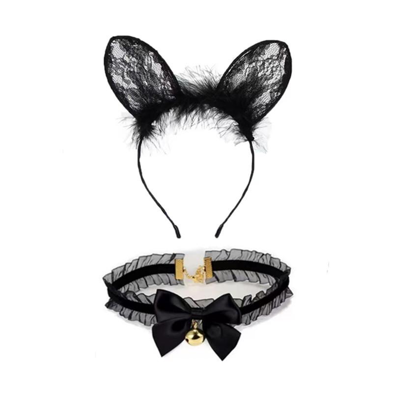 Cat Ear Bell Headband & Choker Set with Tail - Halloween Party Accessories