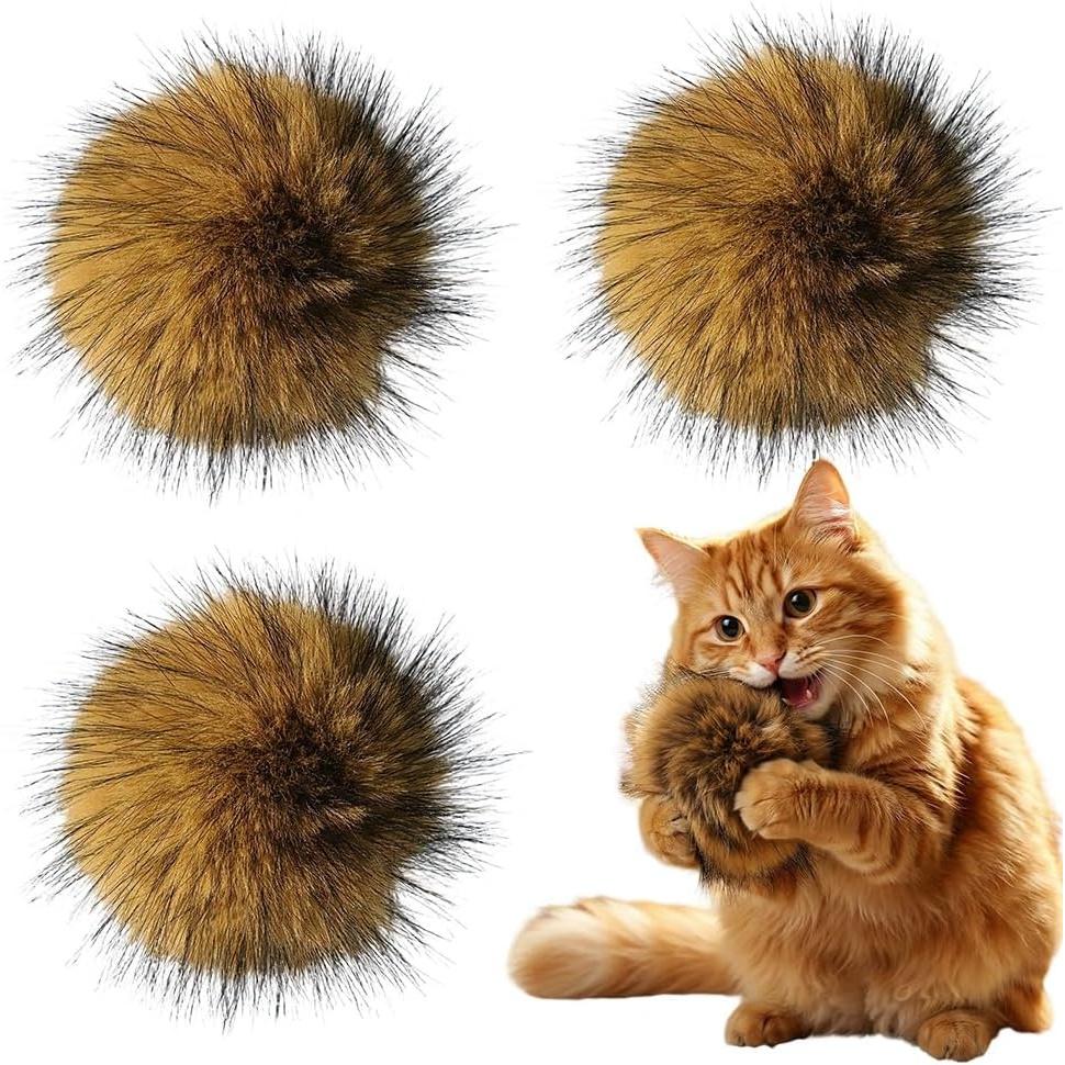 4pcs Faux Rabbit Fur Ball Cat Toys/Indoor Interactive Cat Toys for Chase Exercise/Washable/Strengthen Pet-Owner Bond/Without Battery 4pcs