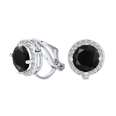 2CT Brilliant Cut Solitaire Round Cubic Zirconia CZ Halo Clip Stud Earrings Simulate Black Onyx Silver Plated Brass