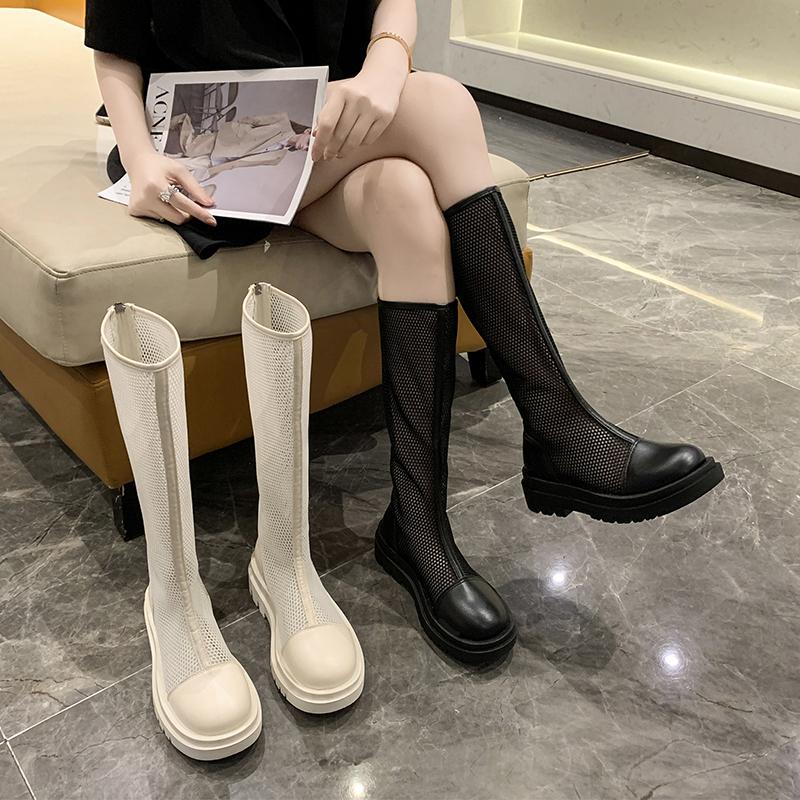 Breathable Knit Line Women's Mesh Boots Middle Follow Round Head Summer Knee High Boots Sandal Boots Fashion Sandalias De Mujer