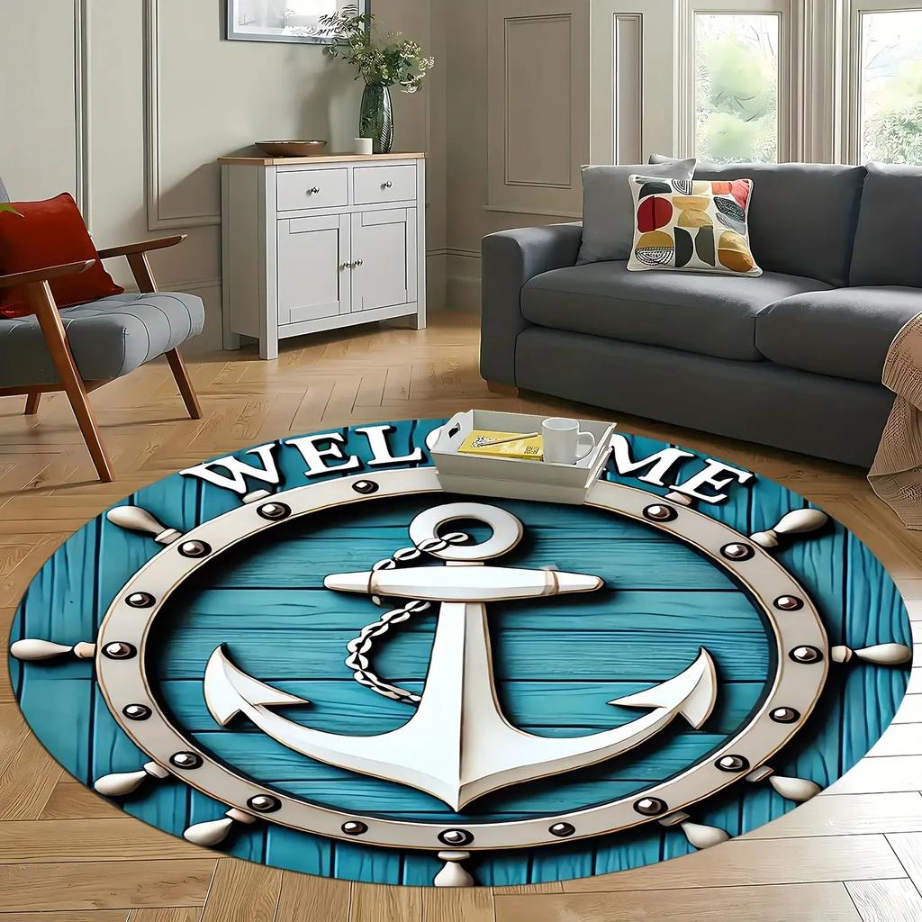 1pc Welcome Anchor Round Mat - 0, 47" Thick, Soft Texture, Blue & White Sea Design with Rope Chain, Non-Slip Rubber Backing, Mac