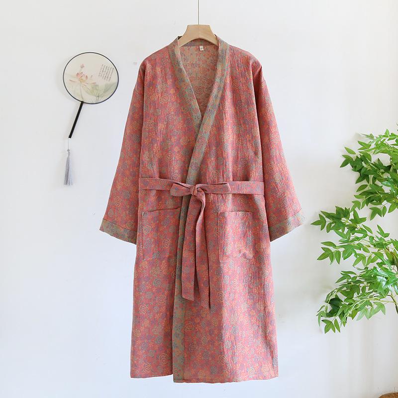 Dámská retro žakárová bavlněná yukata: Lehká jarní/podzimní noční košilka a pyžamo ve stylu kimona.