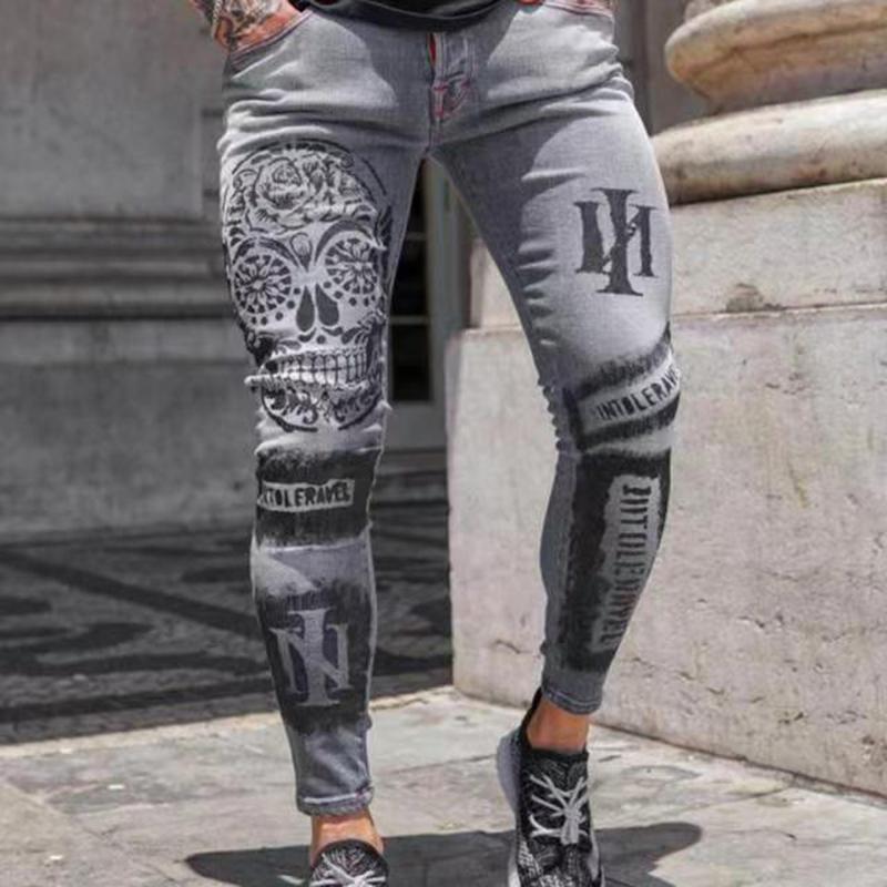 

Европейская станция ins Модные мужские стретч джинсовые брюки Мужские тонкие джинсы с принтом