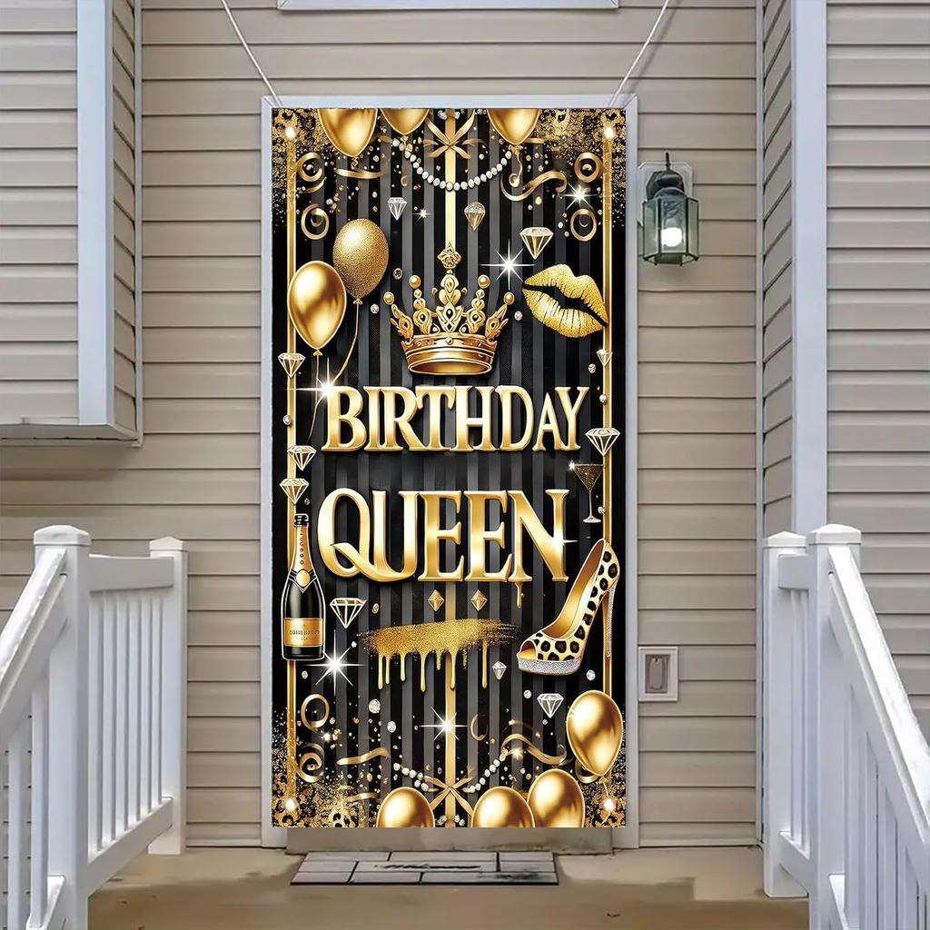 Black Gold Birthday Queen Door Cover Banner 71 X 35 Inch Happy Birthday Backdrop Photography Background Decoration for Women Girls Birthday Party