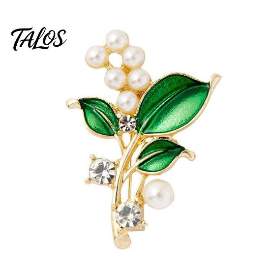 Talos Brooch Pin, Plant Shape Lapel Pin with Green Leaf Design, Imitation Pearl Rhinestone Combination Stable Buckle for Daily Commuting And