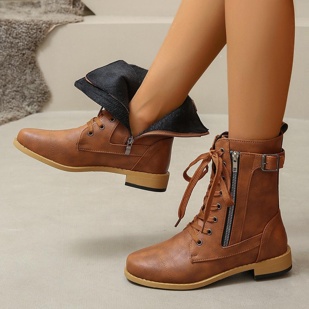 Fashion Womens Low-heeled Pointed Toe Knight Boot 2024 Autumn New Punk Style Zipper Design Mid-calf Women's Boots PU Leather Botas Mujer