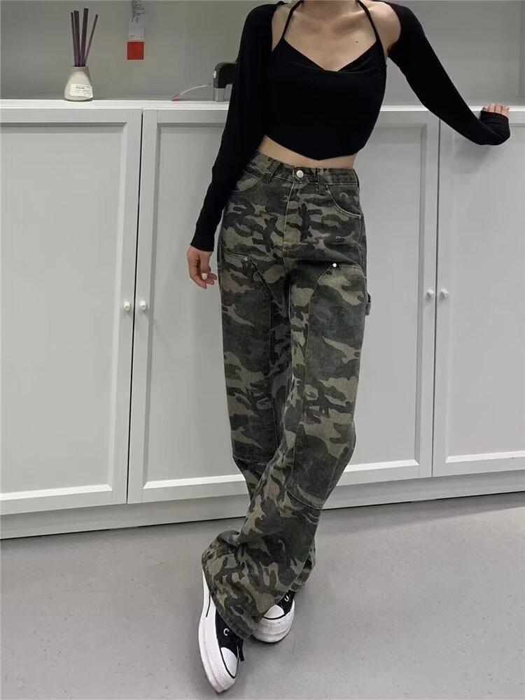 2025 Hong Kong New American High Street Camouflage Straight-Leg Jeans - European Women's Hip Hop Loose Wide-Leg Pants