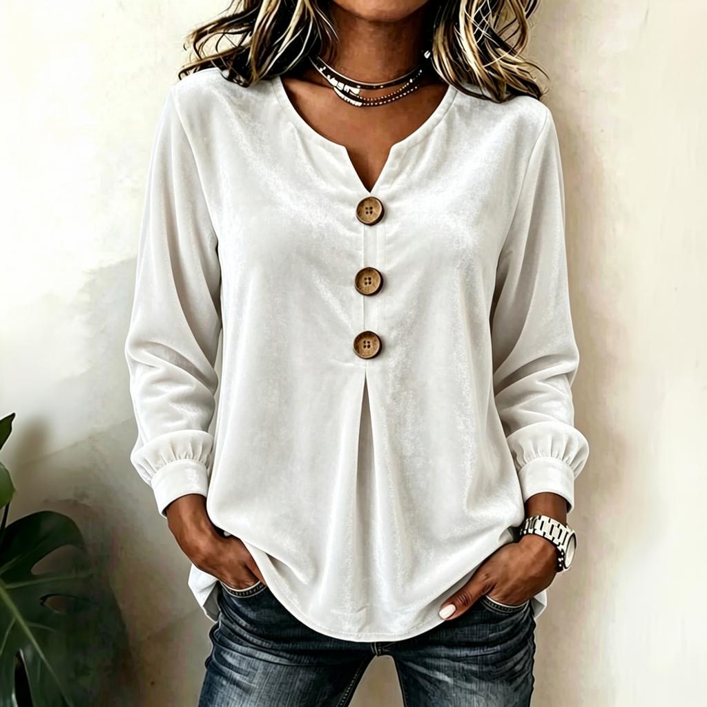 Blouse Haut Top Velours Élégant à Boutons sur le Devant et Manches Longues pour Femme