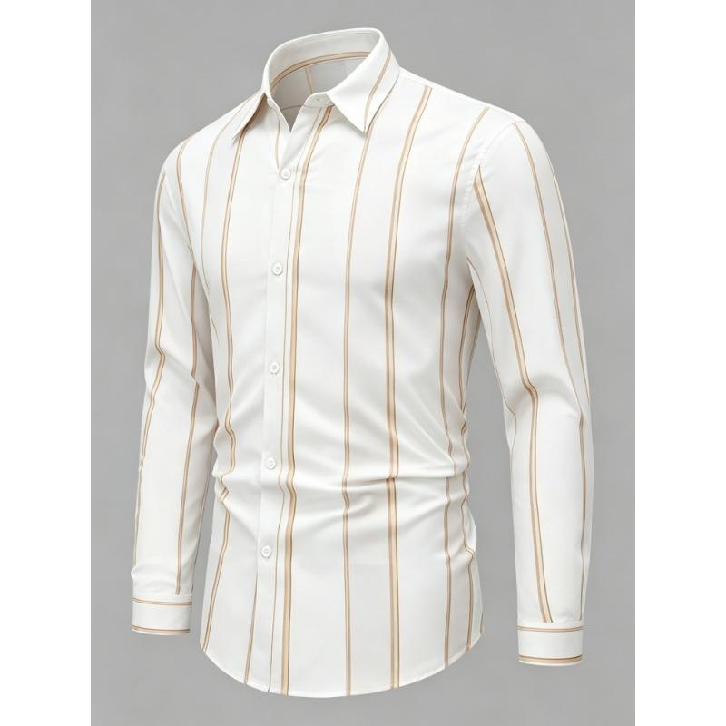 Men's Olive Green Vertical Striped Long Sleeved Shirt with Collar, European and American Business Daily Casual Versatile Top