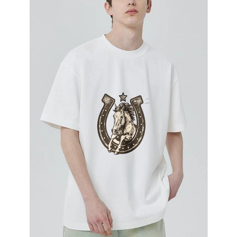 Black T Shirt Horse And Horseshoe Print Casual Wear For Men And Women