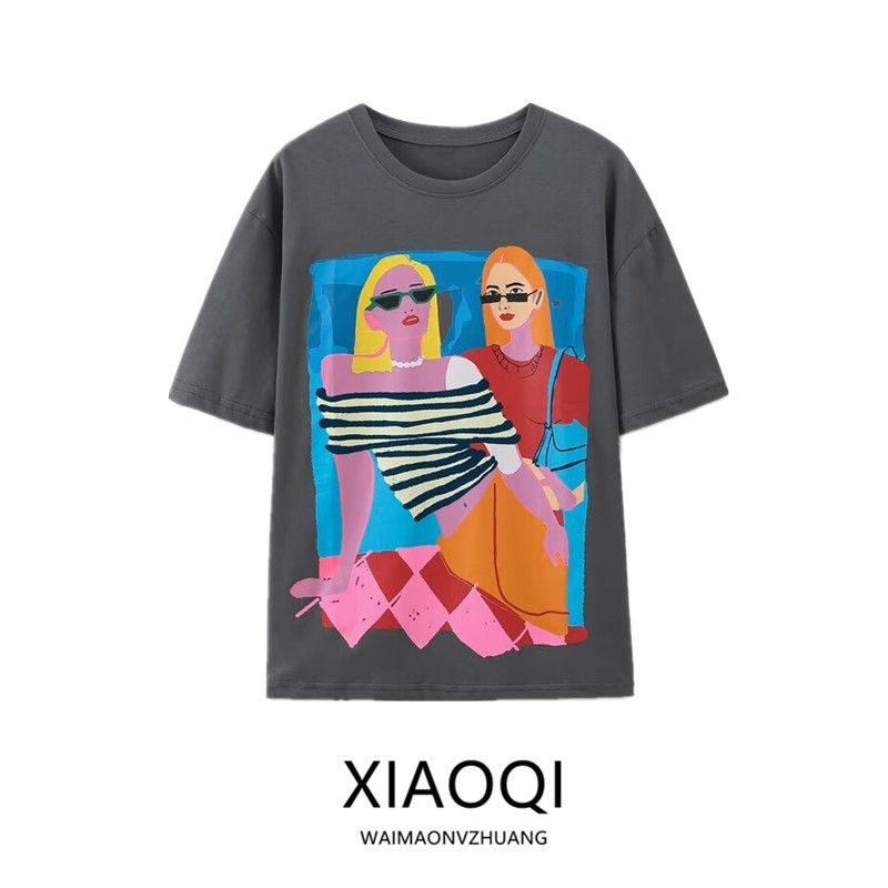 Fashion Style 2024 Summer New Arrival Women's Clothing Casual Easiest for Match Loose Print Washing Effect T-shirt 1131327