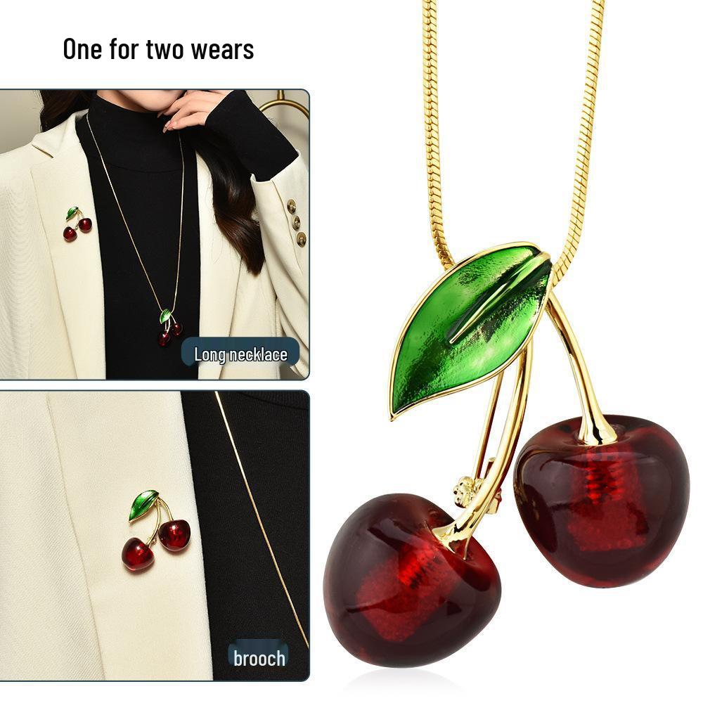 Versatile Cherry Pendant Necklace for Autumn & Winter Sweaters – Convertible Style & Corsage Accent