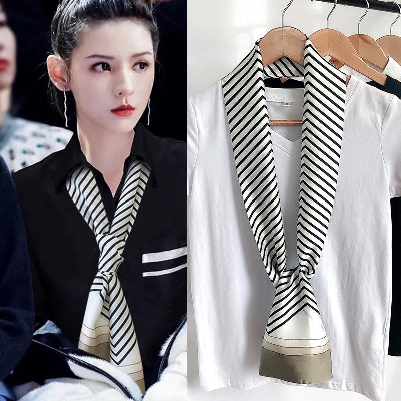 New Women Silk Striped Design Scarf Shawl Fashion Luxury White Long Narrow Small Silk Scarves Ladies Headband Headscarve One Size