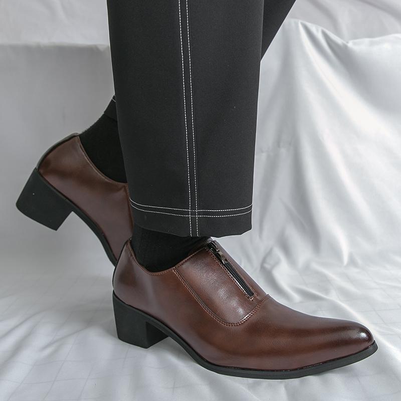 Fashion 2025 New Elevator Shoes for Men Zip High Heels Formal Leather Black Men Loafers Dress Shoes Fashion Brown Man Heightening Shoes
