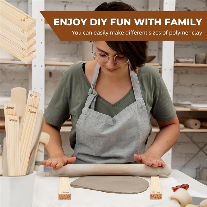 B97A-10 Pcs Pottery Tool Clay Tools Set, Rolling Mud Stick Guide, 5 Size Mudboard Wooden Strips