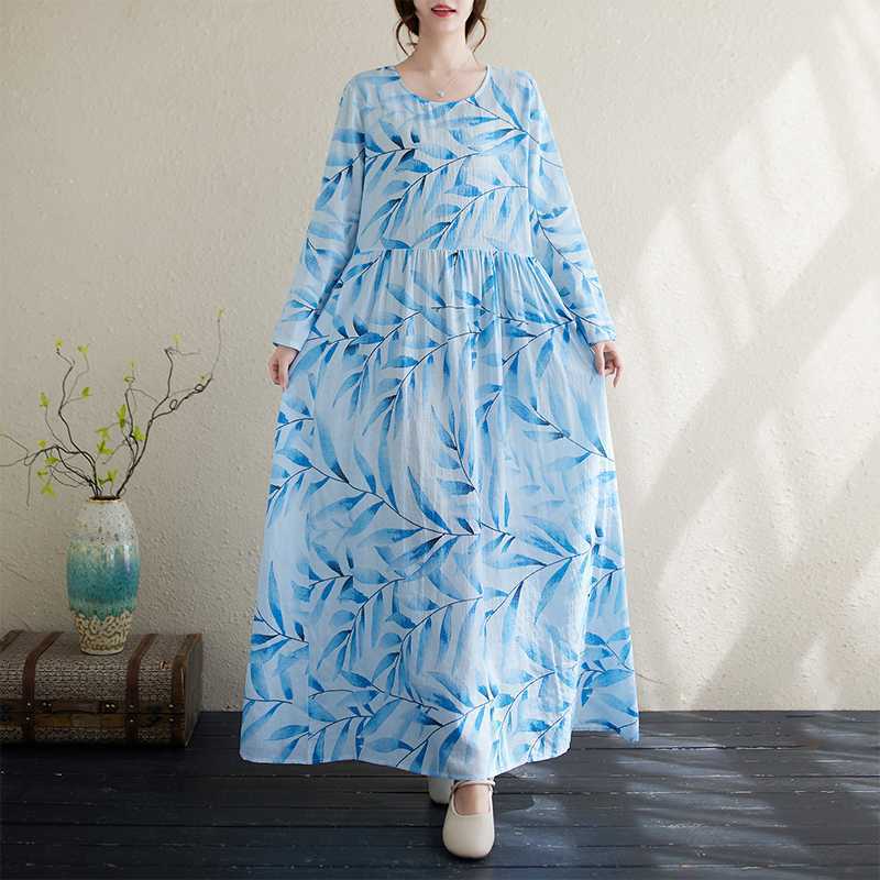 Vacation Style Travel Round Neck Retro Long Dress