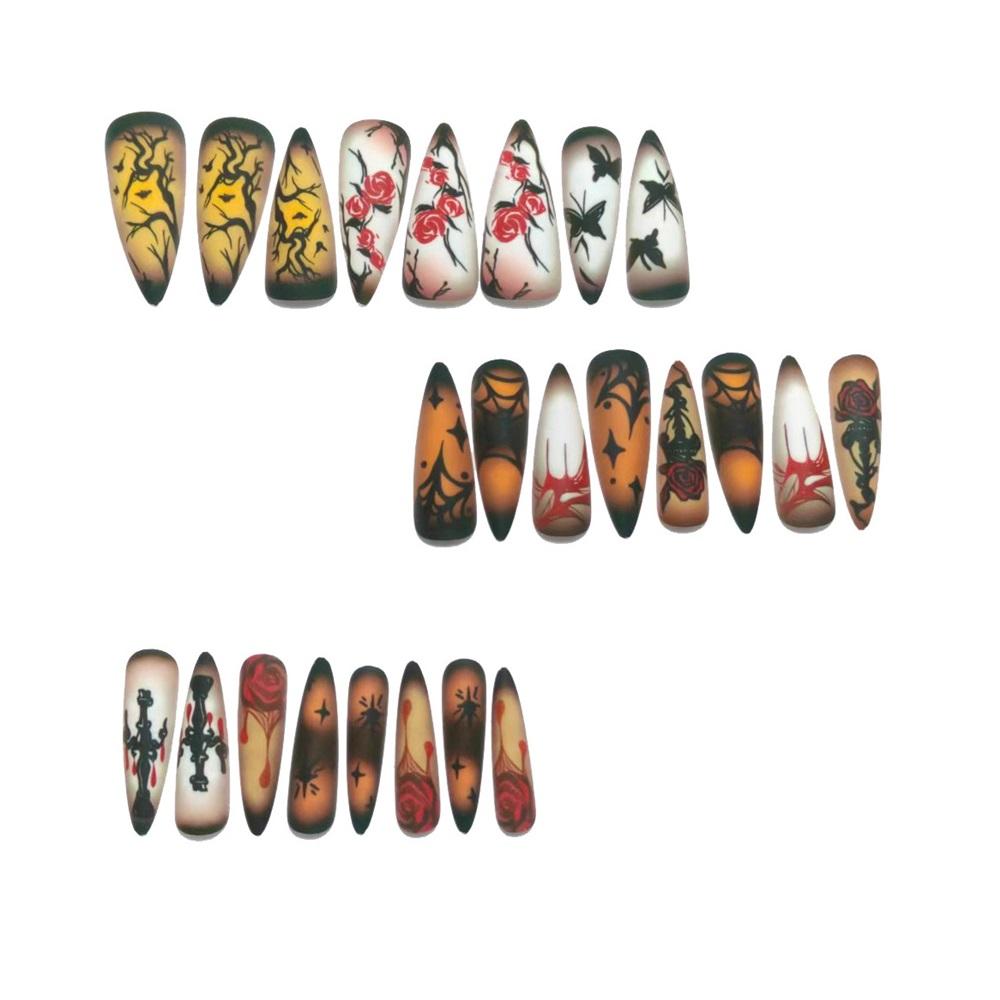 Halloween Rose Spider Web Butterfly Branch Nail Art Fake Nails Retro Dark Gothic Wear Nails