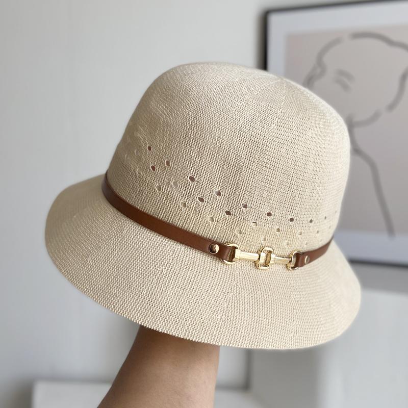 Hat Women's New Hollow Knitted Belt Bucket Hat Face Small Sunscreen Hat Top Hat