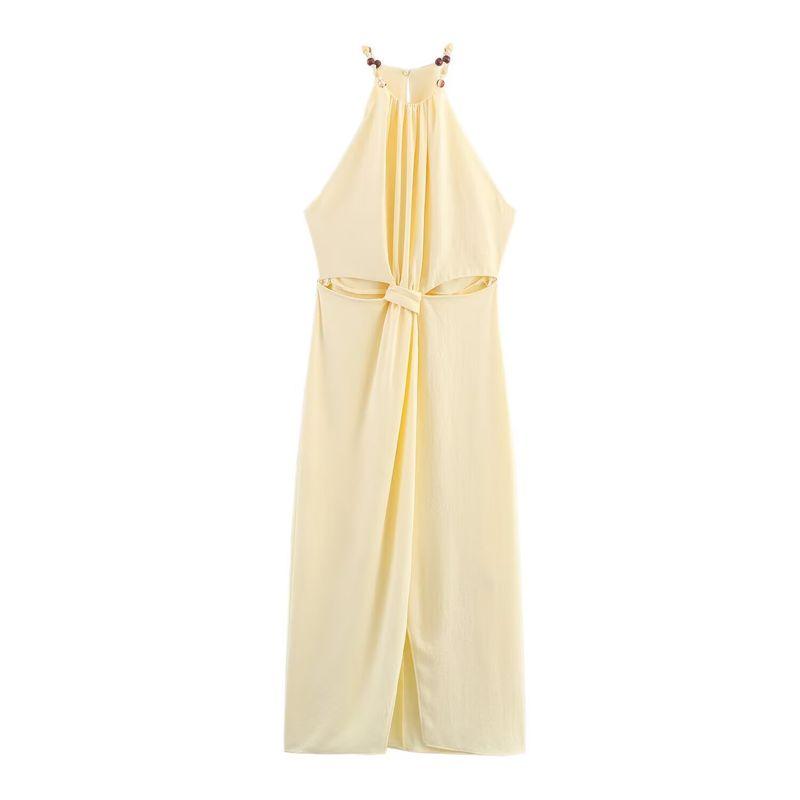 

Kaslead New Women clothes Western Style Knot Trim Opening Design Midi Dress 3897158 Yellow L