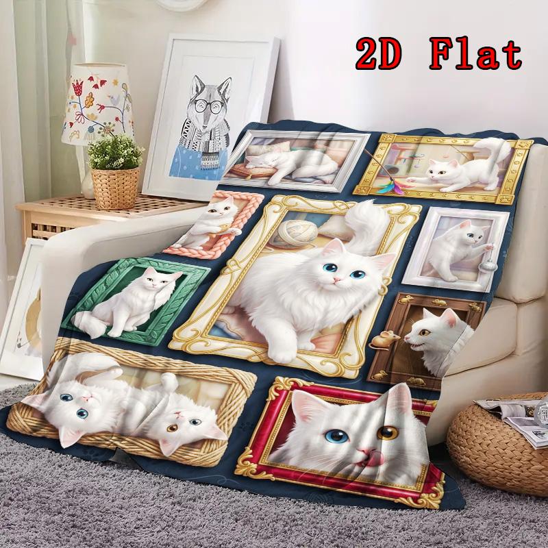 White Cats Collection 2D Flat Pattern Flannel Blanket, High quality All Seasons, Home Decor, Warmth and Comfort, Perfect for Christmas Gifts.