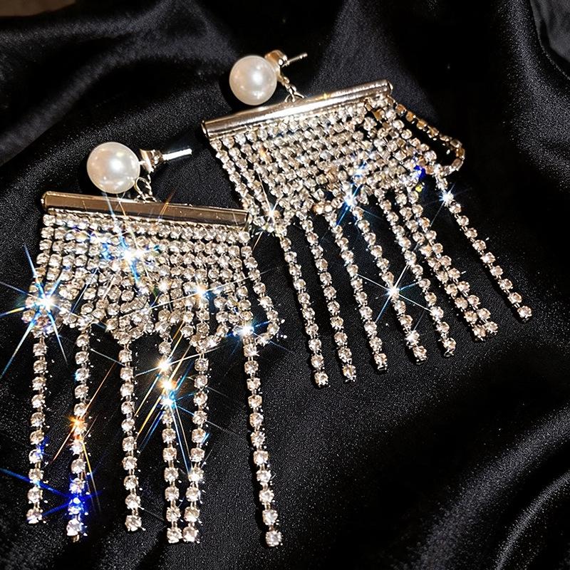 Exquisite Rhinestone & Pearl Tassel Stud Earrings - Niche Design, Bold and Versatile with High-End Appeal