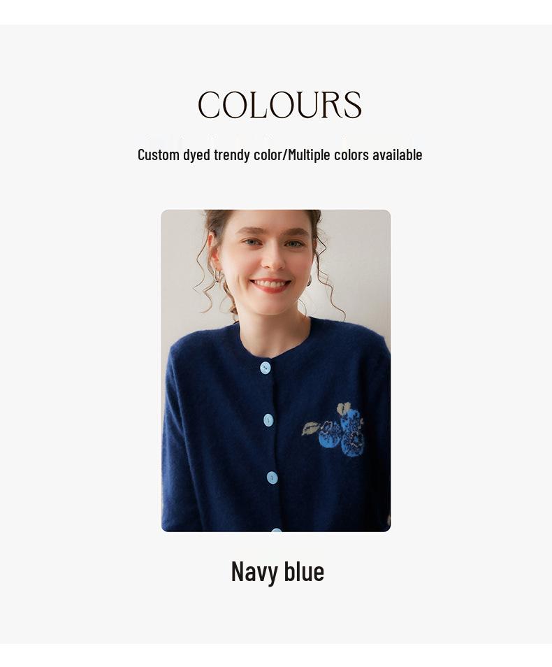 Women's Blueberry Embroidered Cashmere Cardigan, Autumn/Winter 2026 Edition, Round Neck, Short Jacket in Gentle Style