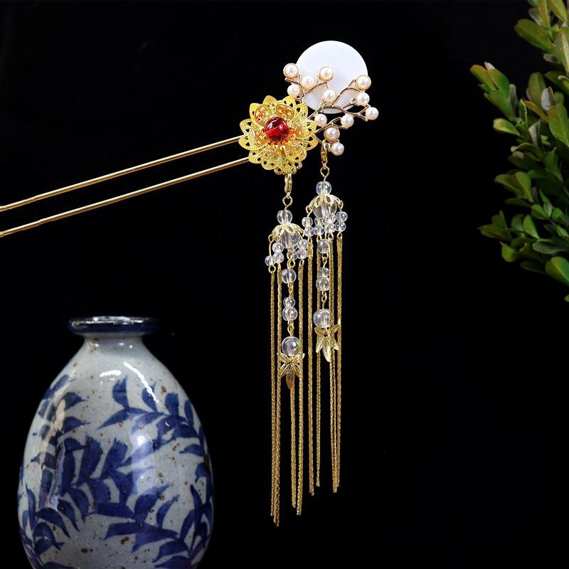 Handmade Retro Fairy Long Fringed Hairpin, Step Hairpin, Women's Ancient Costume Disc Hair Hairpin, Ancient Hanfu Headgear Accessories